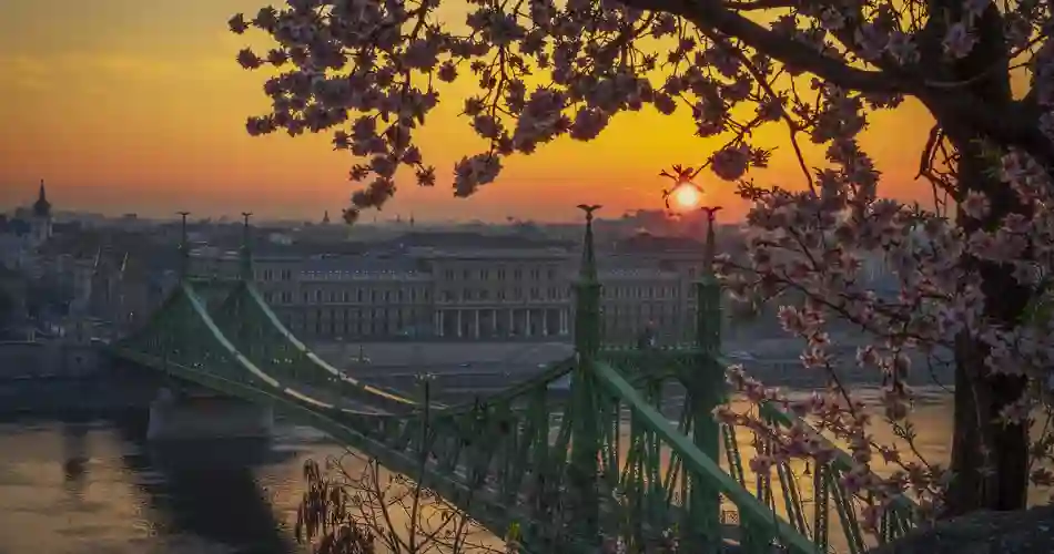 Bro över Donau i solnedgången i Budapest