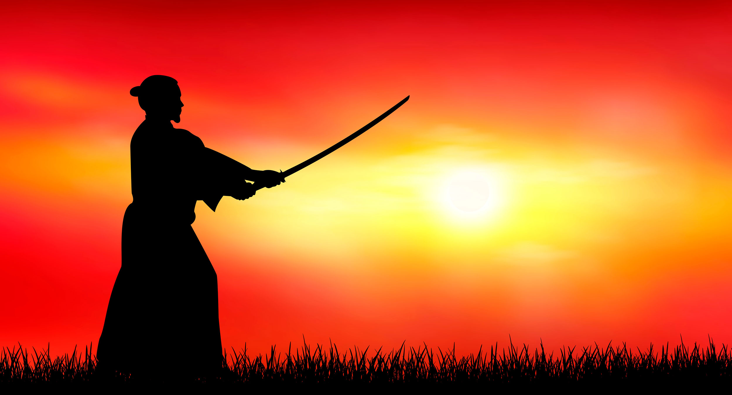 Samurai med sværd ved solnedgang