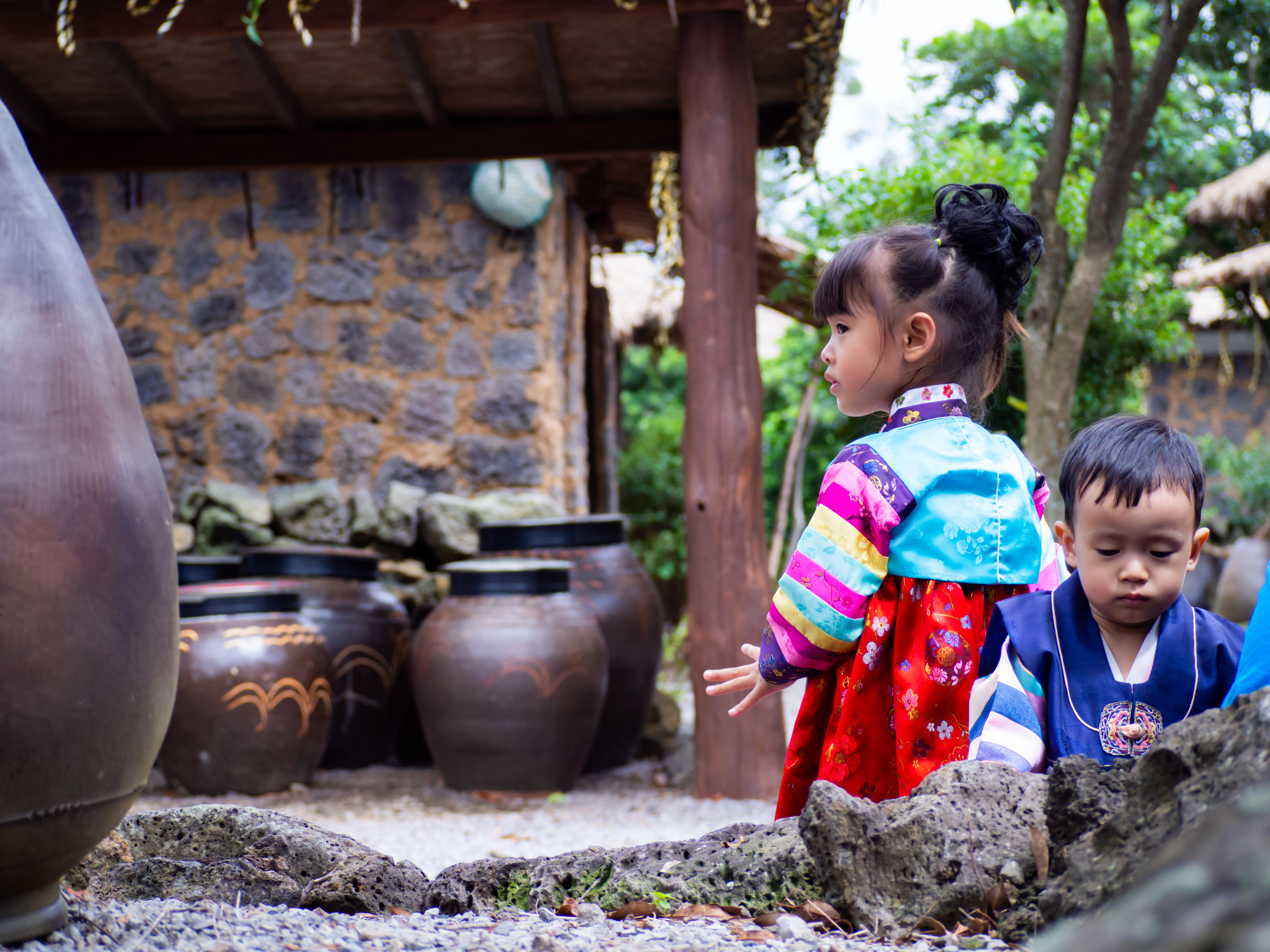 Børn Iført En Traditionel Koreansk Hanbok Kjole