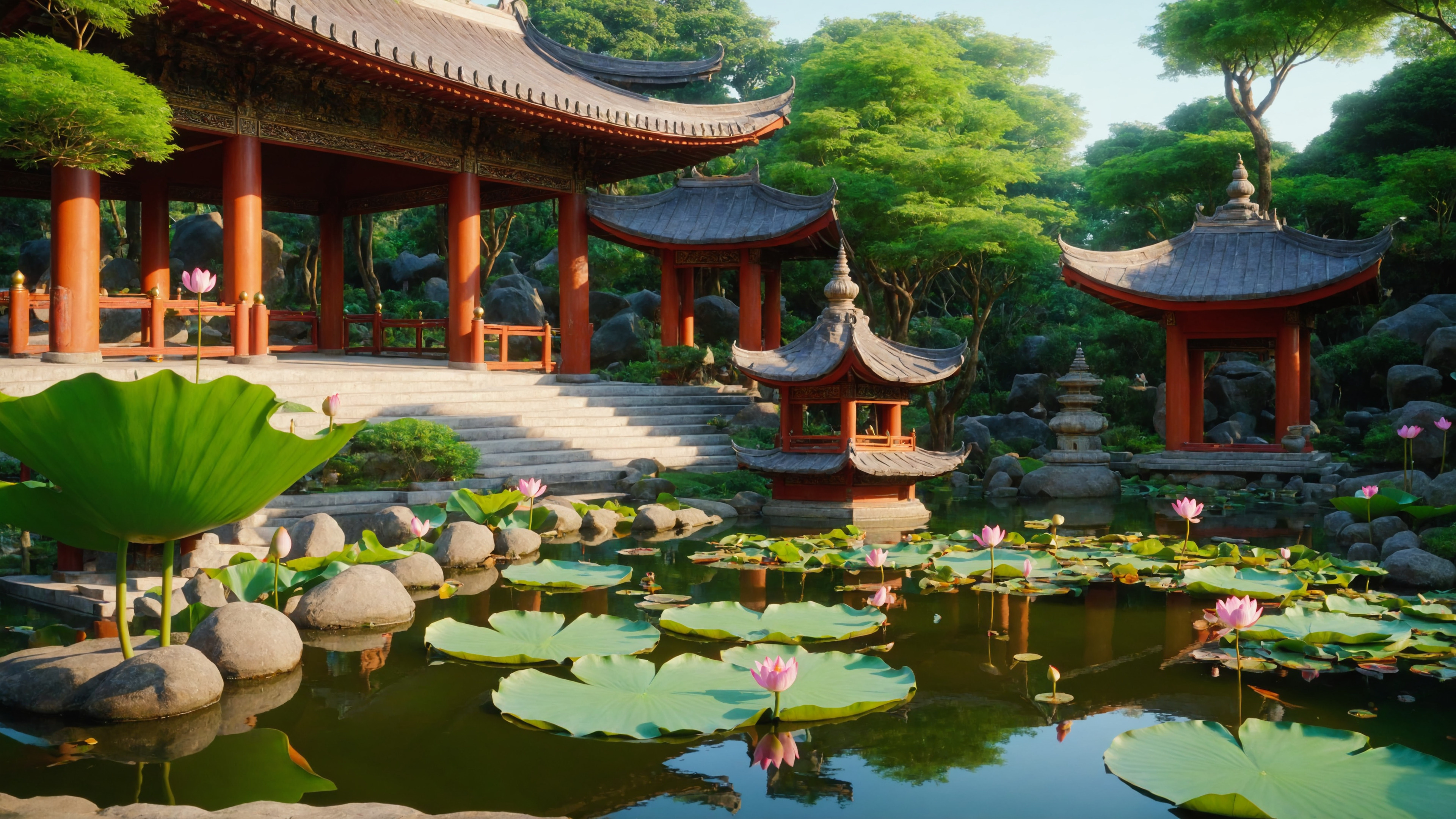 Vandliljer i en japansk have