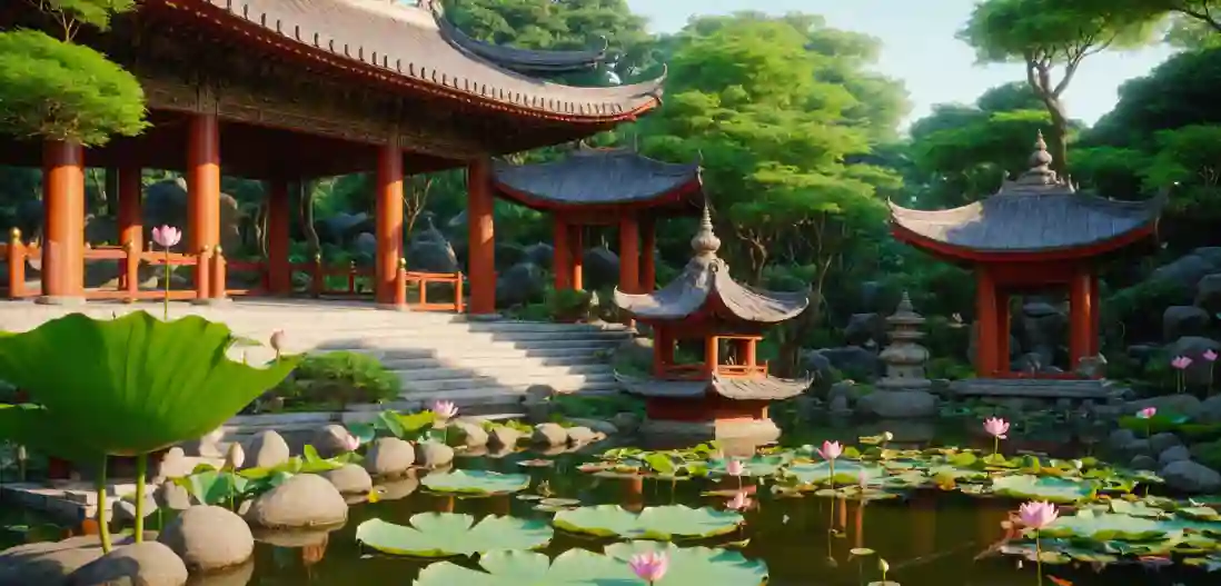 Vandliljer i en japansk have