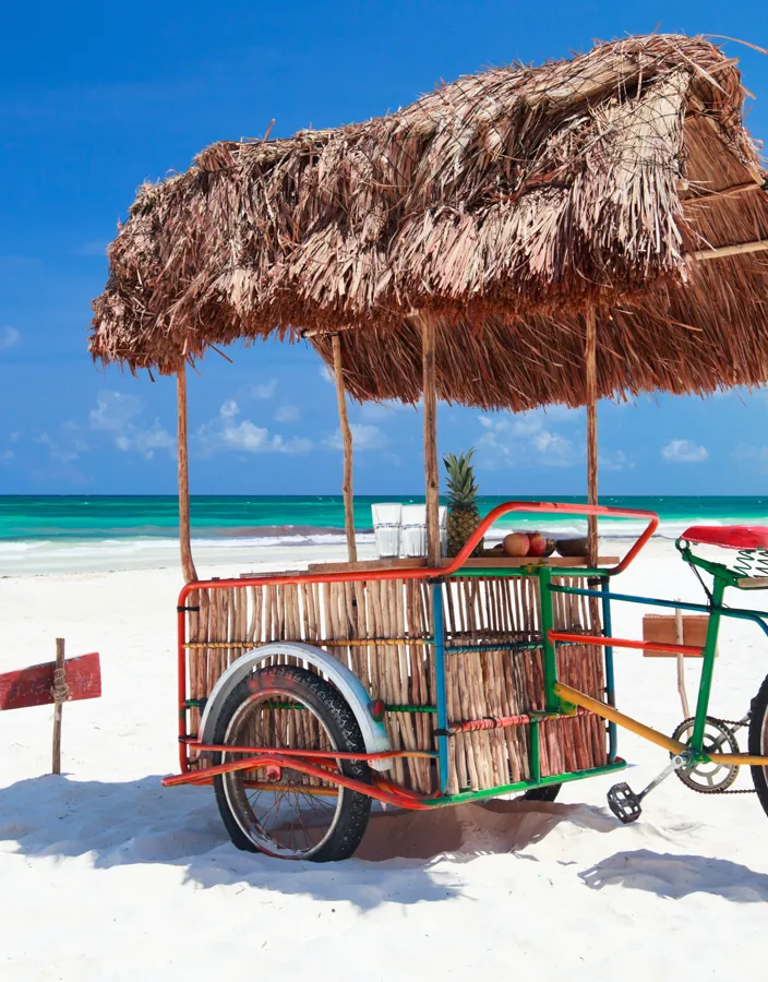 En cykel står på stranden med havet och sanden i bakgrunden.