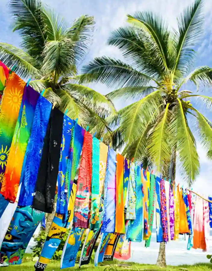 Färgglada handdukar hänger på en tvättlina i den tropiska brisen.