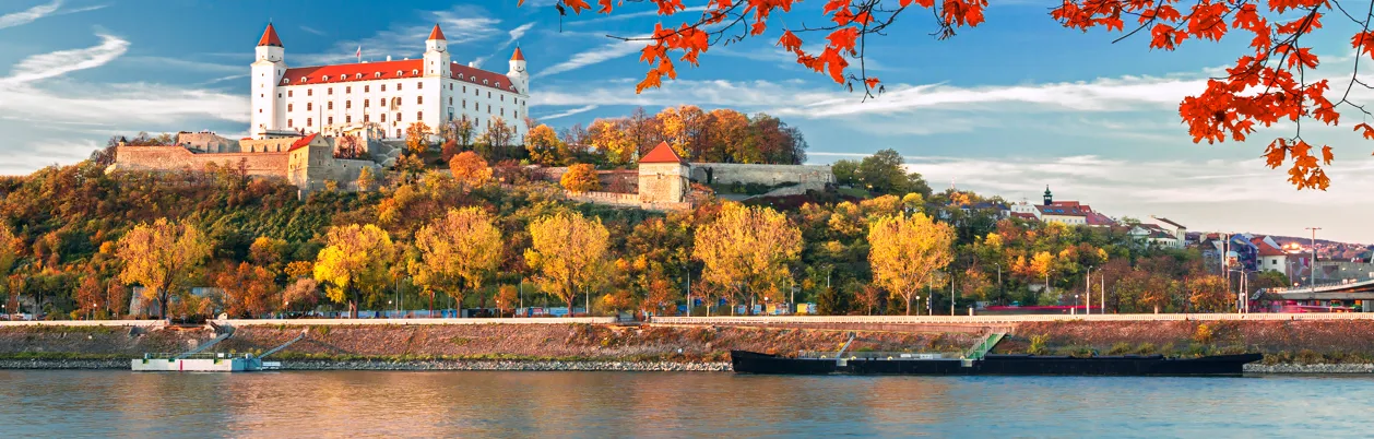 Bratislava slott vid Donau i höstfärger