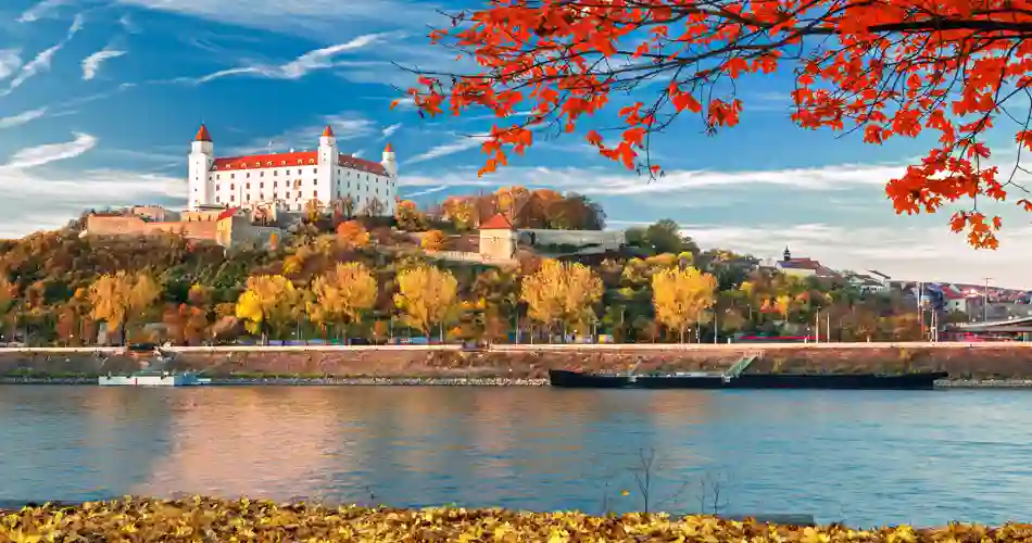 Bratislava slott vid Donau i höstfärger