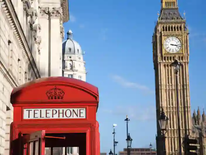 Telefonkiosk och Big Ben i bakgrunden